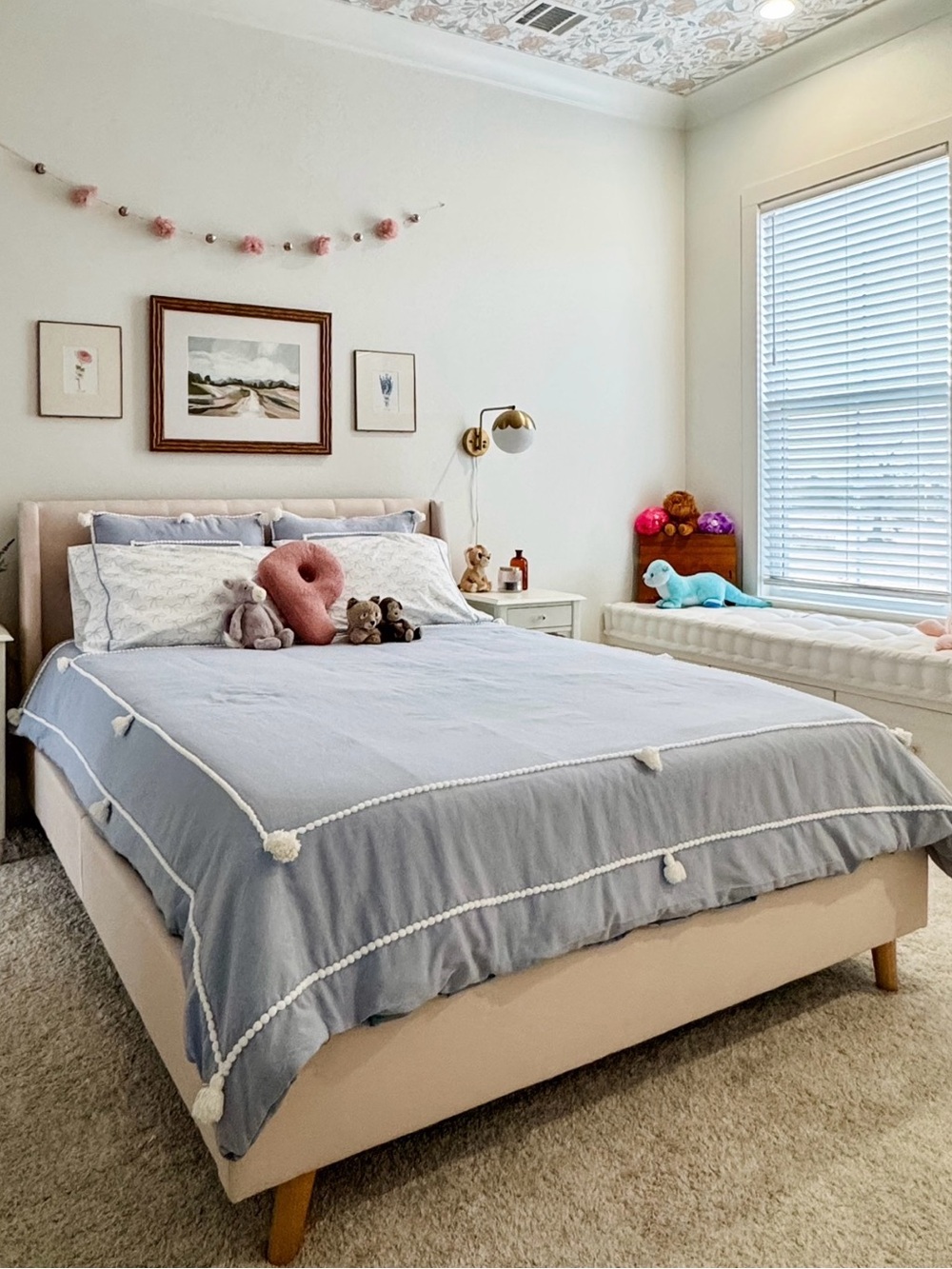 PB Teen, Light Blue Pom-Pom Cotton Queen Duvet Cover and shams - see photos